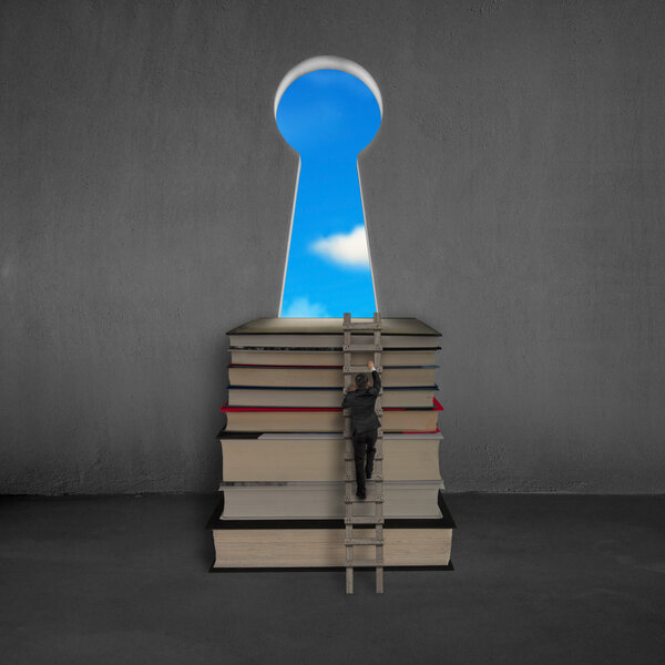 Businessman approaching books top with key shape door, blue sky