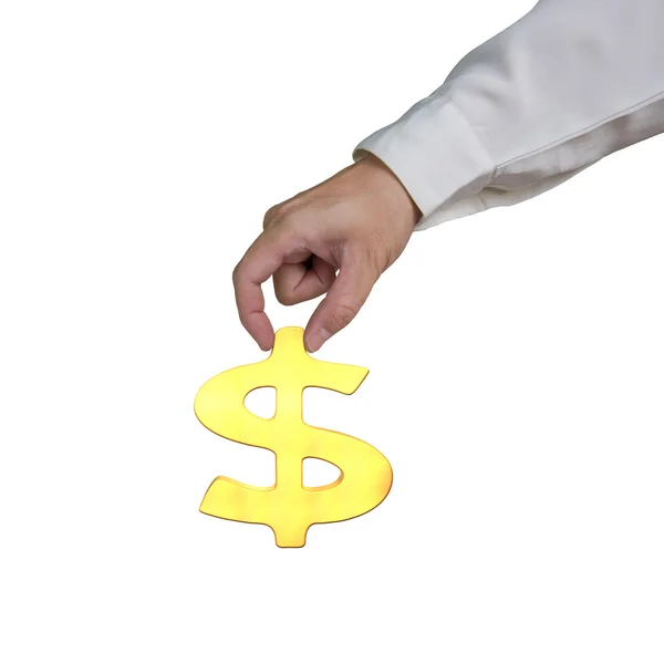 Hand som håller 3d pengar symbol på vit bakgrund — Stockfoto