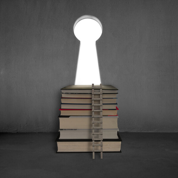 Books with key shape door on concrete wall and ladder