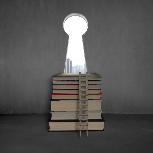 Key shape door with stack books, ladder and city view — Stock Photo, Image