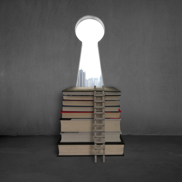 Key shape door with stack books, ladder and city view