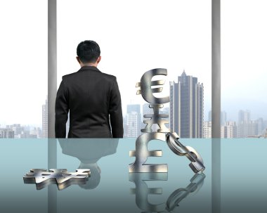 açık pencere yığını ile para sembolleri, ayakta işadamı şehir