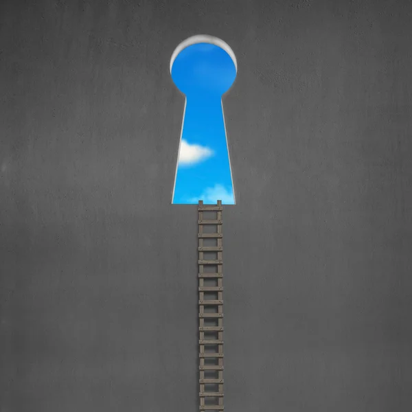 Ladder with key shape door on wall and blue sky — Stock Photo, Image