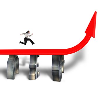 Kırmızı ok büyüyen üzerinde çalışan iş adamı