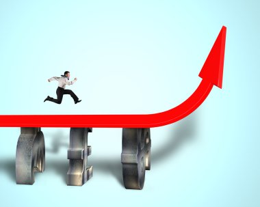 Kırmızı ok büyüyen üzerinde çalışan iş adamı 