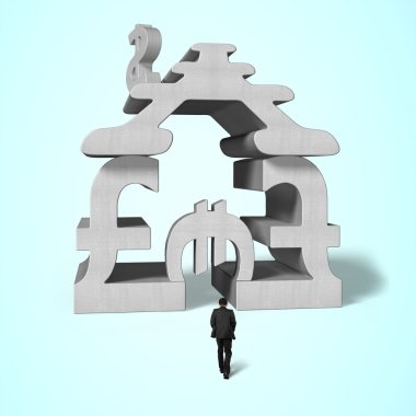 Beton para sembol binaya doğru yürürken işadamı