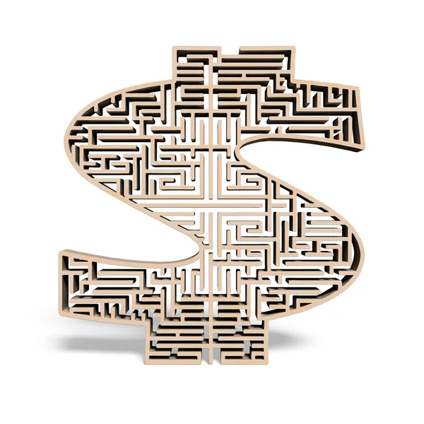 Trä pengar form labyrint isolerade i vitt — Stockfoto