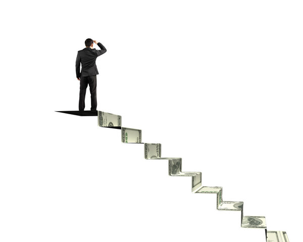 Man gazing on top of money stairs in white background