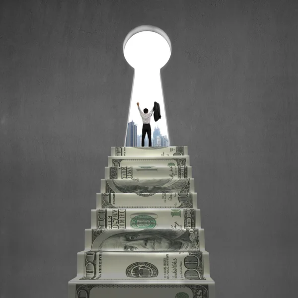 Cheering on top of money stairs with key hole — Stock Photo, Image