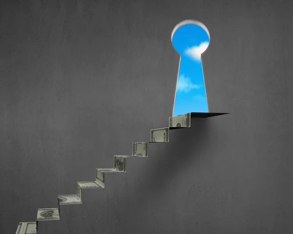 Money stairs with key hole and blue sky — Stock Photo, Image