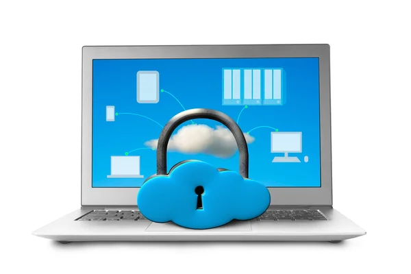 Cloud shape locker on laptop with devices drawing on screen — Stock Photo, Image