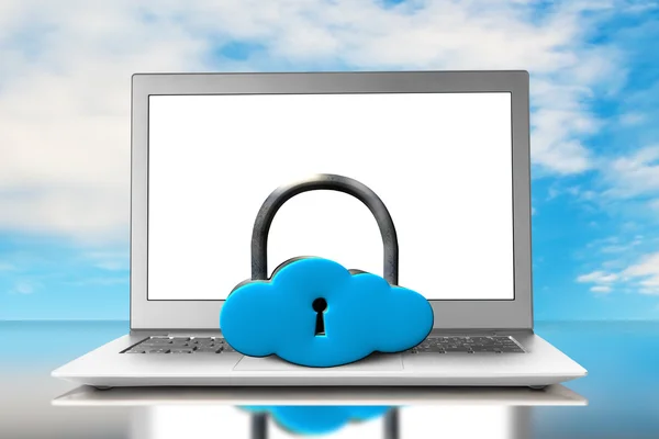 Cloud shape locker and laptop with blue sky — Stock Photo, Image