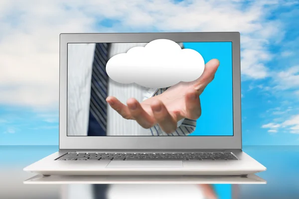 Hand out of screen with cloud — Stock Photo, Image