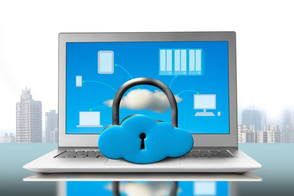 Cloud shape lock on notebook with devices — Stock Photo, Image