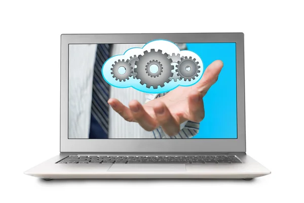 Ręka się przed ekranie laptopa z chmury i narzędzi wewnątrz — Zdjęcie stockowe