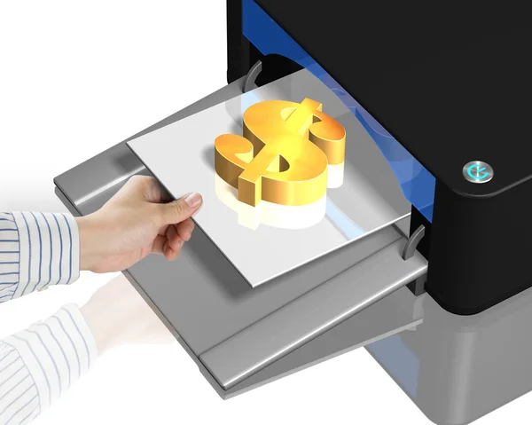 3D εκτυπωτής με σύμβολο χρυσό χρήματα — Φωτογραφία Αρχείου