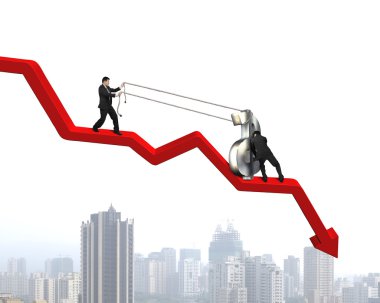 Takım çalışması para simgesi üzerinde kırmızı ok yukarı taşımak için