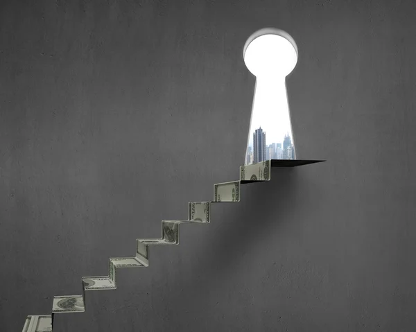 Key shape hole with money stairs — Stock Photo, Image