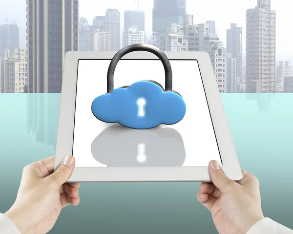 Cloud shape lock on tablet with hand holding — Stock Photo, Image