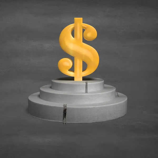 Money symbol on concrete podium with man climbing — Stock Photo, Image