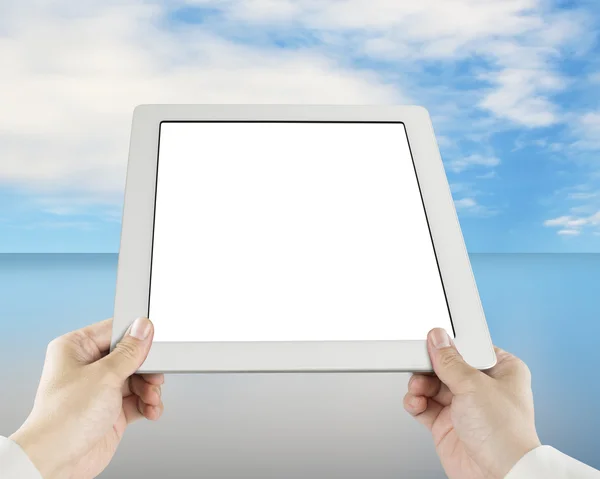 Holding tablet with sky reflection table — Stock Photo, Image