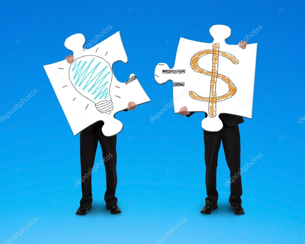 Holding 2 puzzles with bulb and money symbol drawing