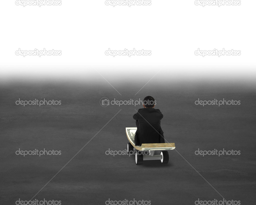 Sitting on money skateboard toward mist
