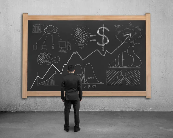 Man facing business concept doodles on blackboard — Stock Photo, Image