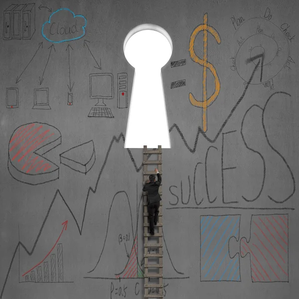 Climbing to key shape door with business doodles — Stock Photo, Image