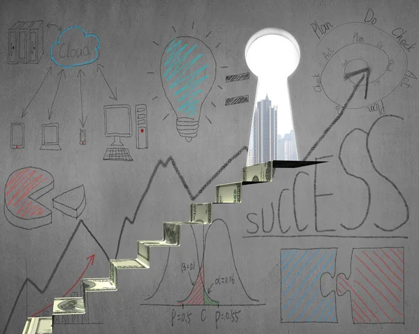 Pengar trappor med business doodles och viktiga dörr på vägg — Stockfoto