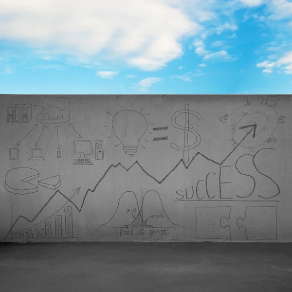 Boundary wall with business doodles and blue sky — Stock Photo, Image