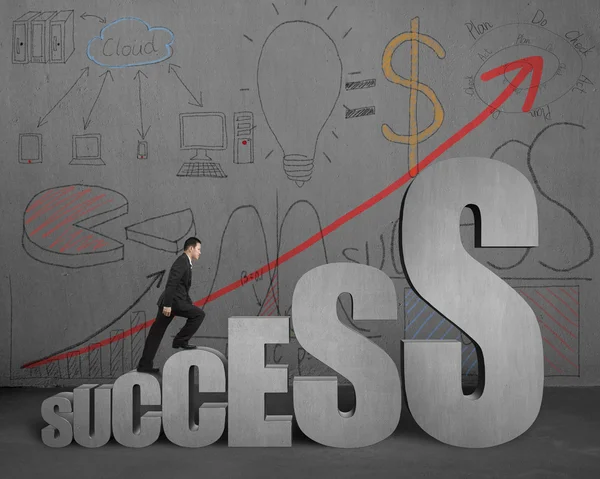 Businessman walking on success stairs with business doodles on w — Stock Photo, Image