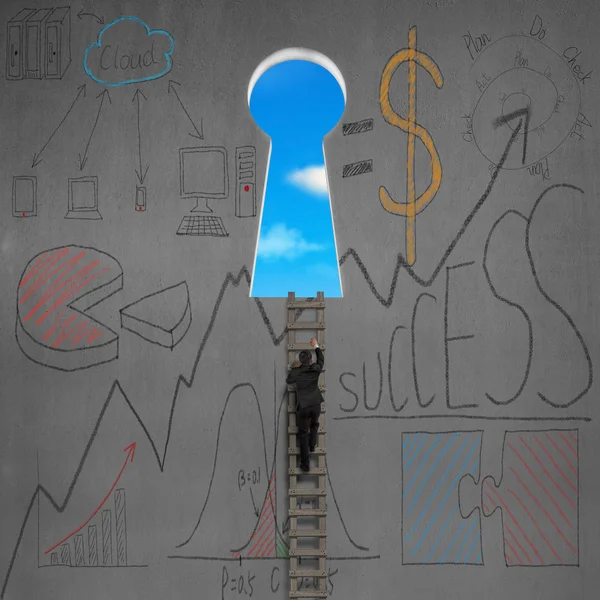 Climbing to key shape door with business doodles on wall — Stock Photo, Image