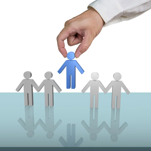 Putting blue 3d people in hand link on table — Stock Photo, Image