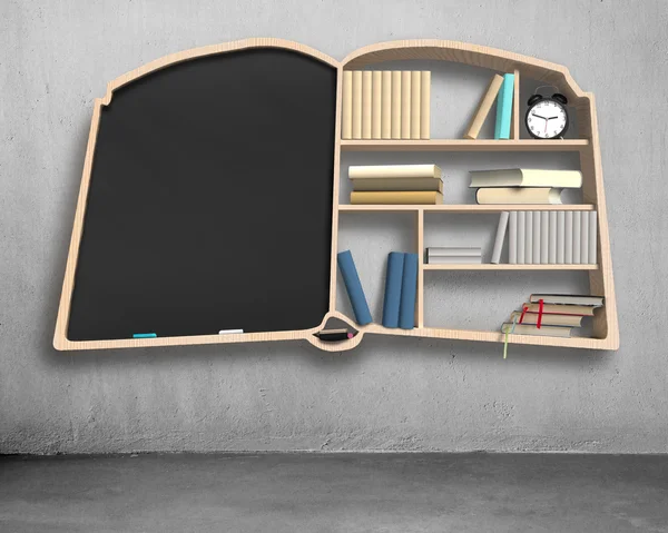 Bookshelf and blackboard in book shape — Stock Photo, Image