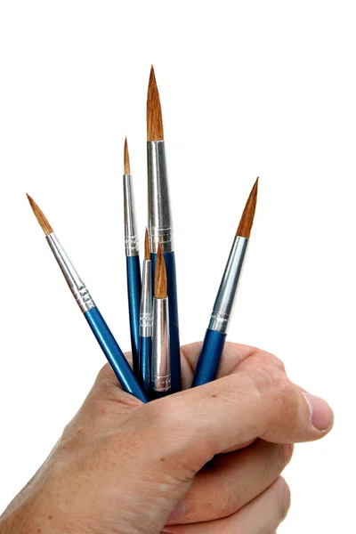 Uppsättning av nya penslar i en hand, isolerad på vit — Stockfoto