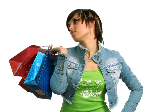 A menina feliz com compras — Fotografia de Stock