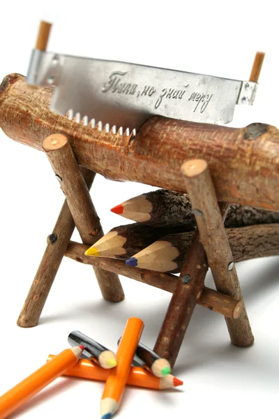 Three color pencils made of branches of a tree — Stock Photo, Image