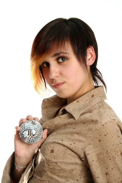 The young girl holds mirror sphere in hand — Stock Photo, Image