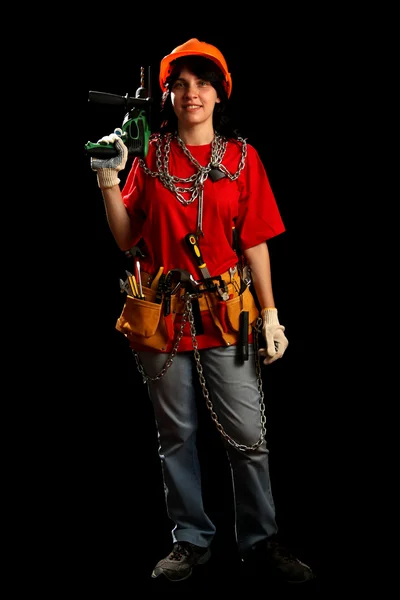 Young woman with work tools and drill — Stock Photo, Image