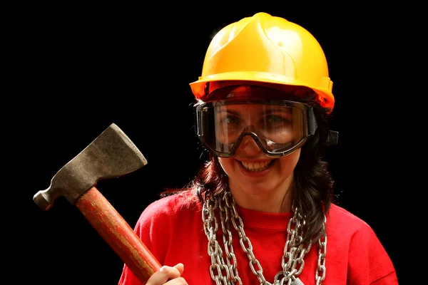 Young woman with chain and axe — Stock Photo, Image