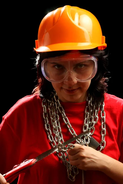 Young woman with chain and saw — Stock Photo, Image