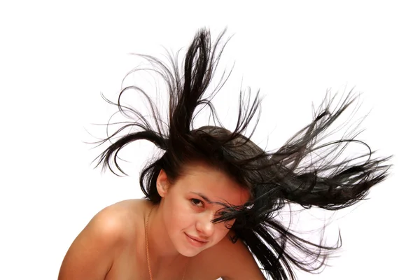 Chica morena con el pelo largo y ventoso — Foto de Stock