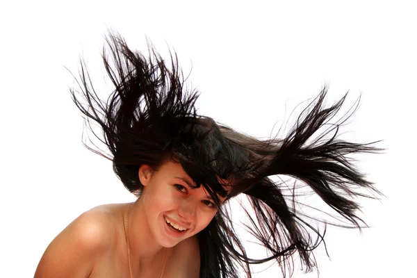 Brunetka dziewczynka z włosów długich wietrznie — Zdjęcie stockowe