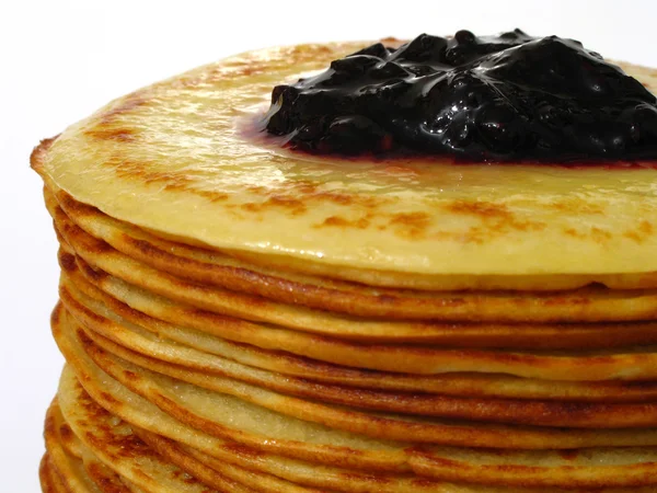 Heap of pancakes with home-made jam macro — Stock Photo, Image