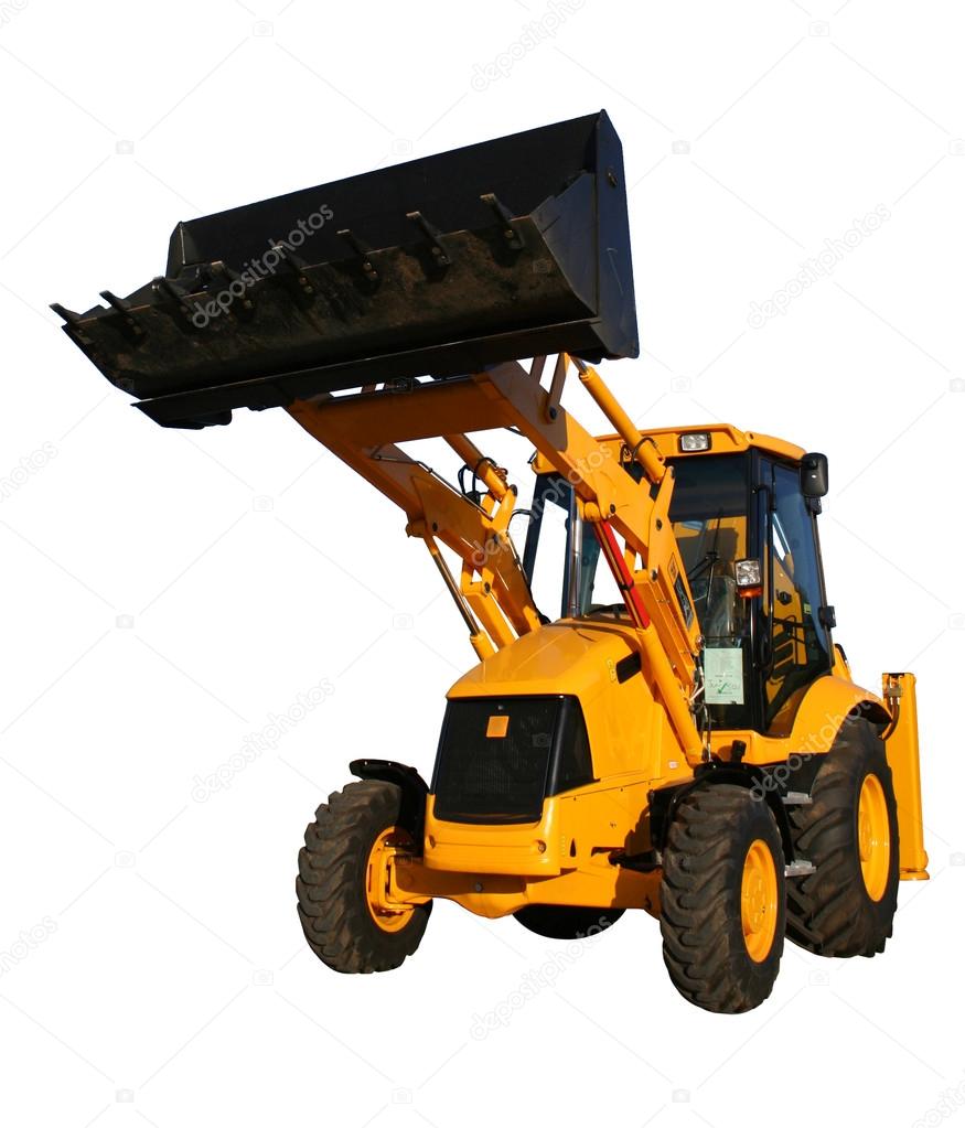 The new bulldozer of yellow color with the lifted bucket