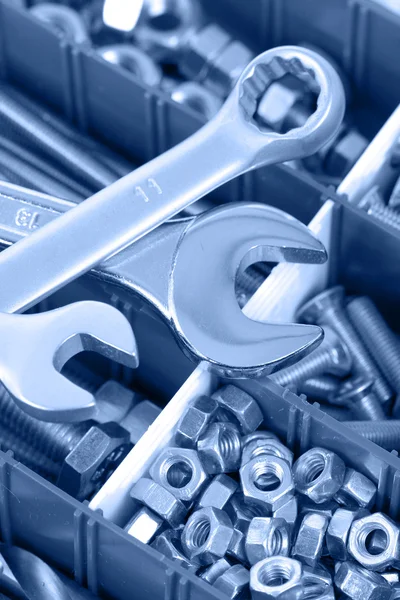 Wrench, nuts and bolts — Stock Photo, Image