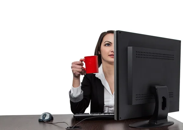 Mujer de negocios con una taza de café rojo —  Fotos de Stock