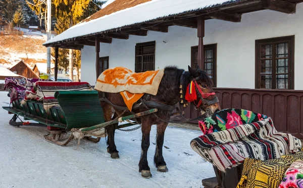 Traditionella rumänska släde med häst — Stockfoto