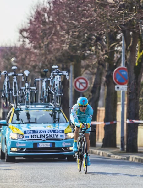 The Cyclist Maxim Iglinskiy- Paris Nice 2013 Prologue in Houille — Stock Photo, Image
